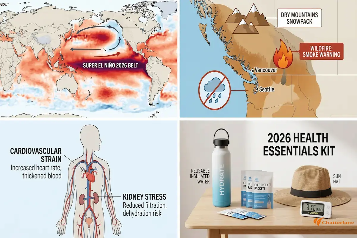 An infographic divided into four sections illustrating the Super El Niño 2026 Belt, Pacific Northwest climate impacts (wildfire, low snowpack), human physiological strain on the heart and kidneys, and a 2026 health essentials kit with water and electrolytes.