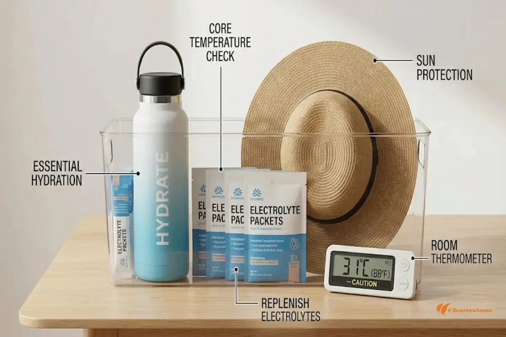 A health kit on a wooden table containing an insulated water bottle, electrolyte powder packets, a sun hat, and a digital room thermometer reading 31°C.