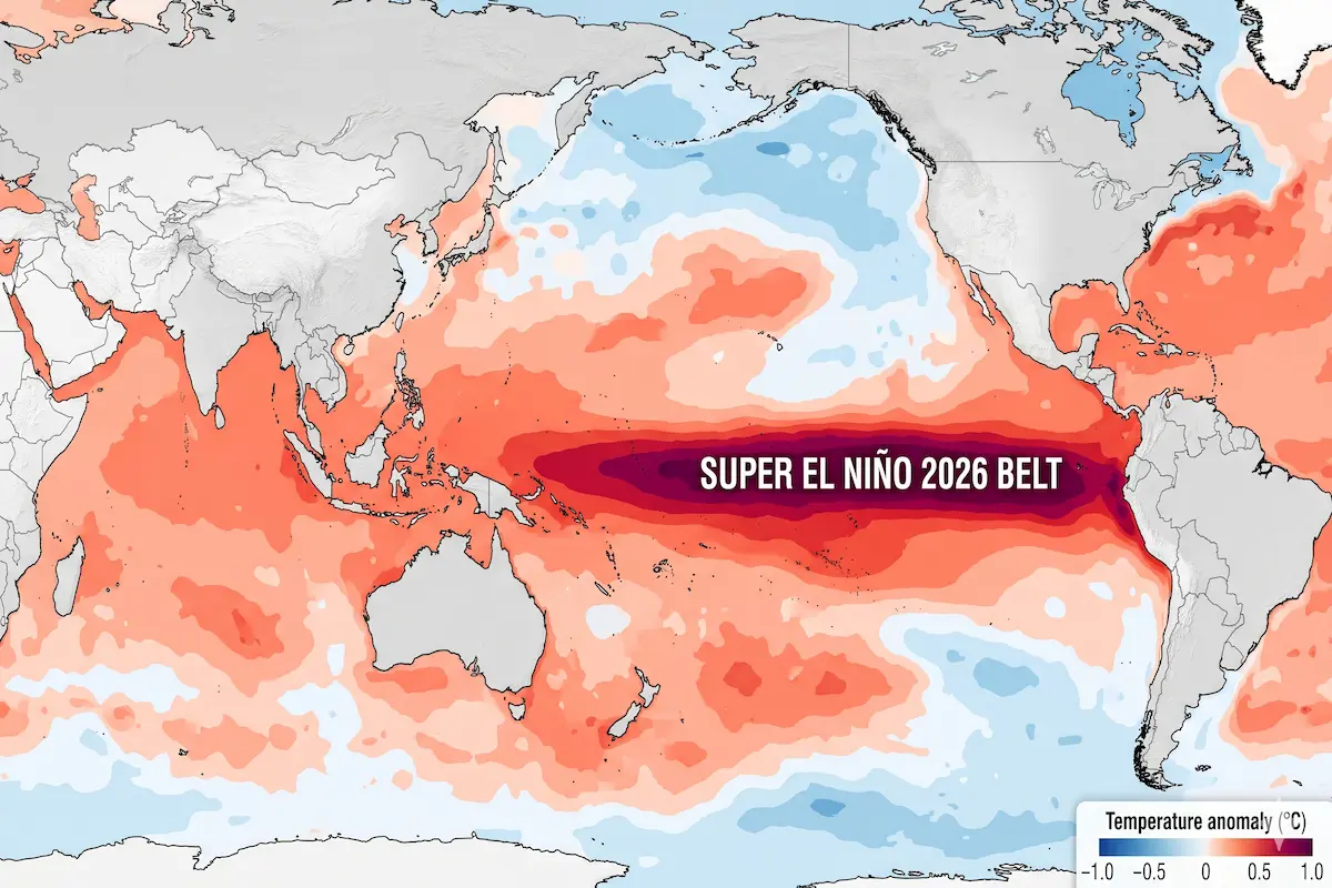 A world map showing a dark red and purple heat belt across the central Pacific Ocean, indicating a Super El Niño event in 2026.