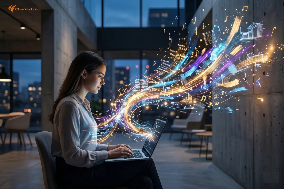 A female professional working on a laptop as vibrant, glowing streams of digital text, code, musical notes, and creative graphics burst from the screen, symbolizing Generative AI content creation.