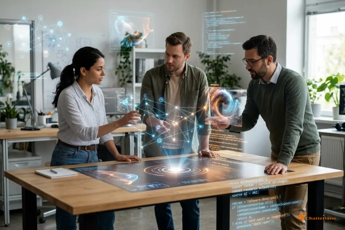 Three diverse professionals—a content creator, a developer, and a researcher—standing around a modern wooden desk interacting with glowing, futuristic holographic data visualization overlays.