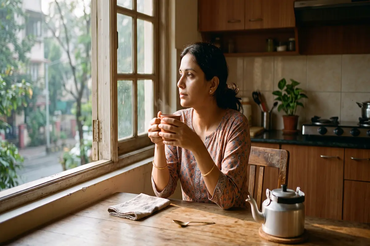 Woman sitting quietly by a window reflecting on gut health and anxiety symptoms