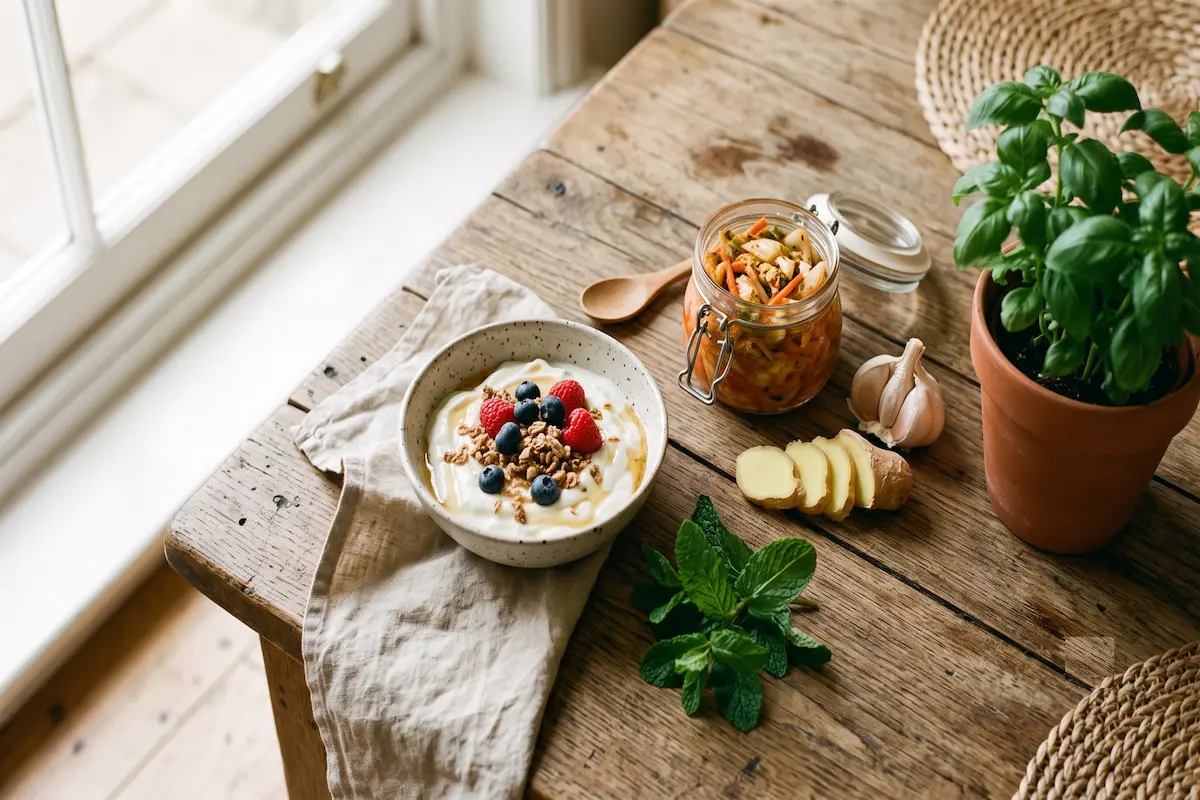 Bowl of yoghurt with berries, kimchi, garlic, and ginger representing gut health foods