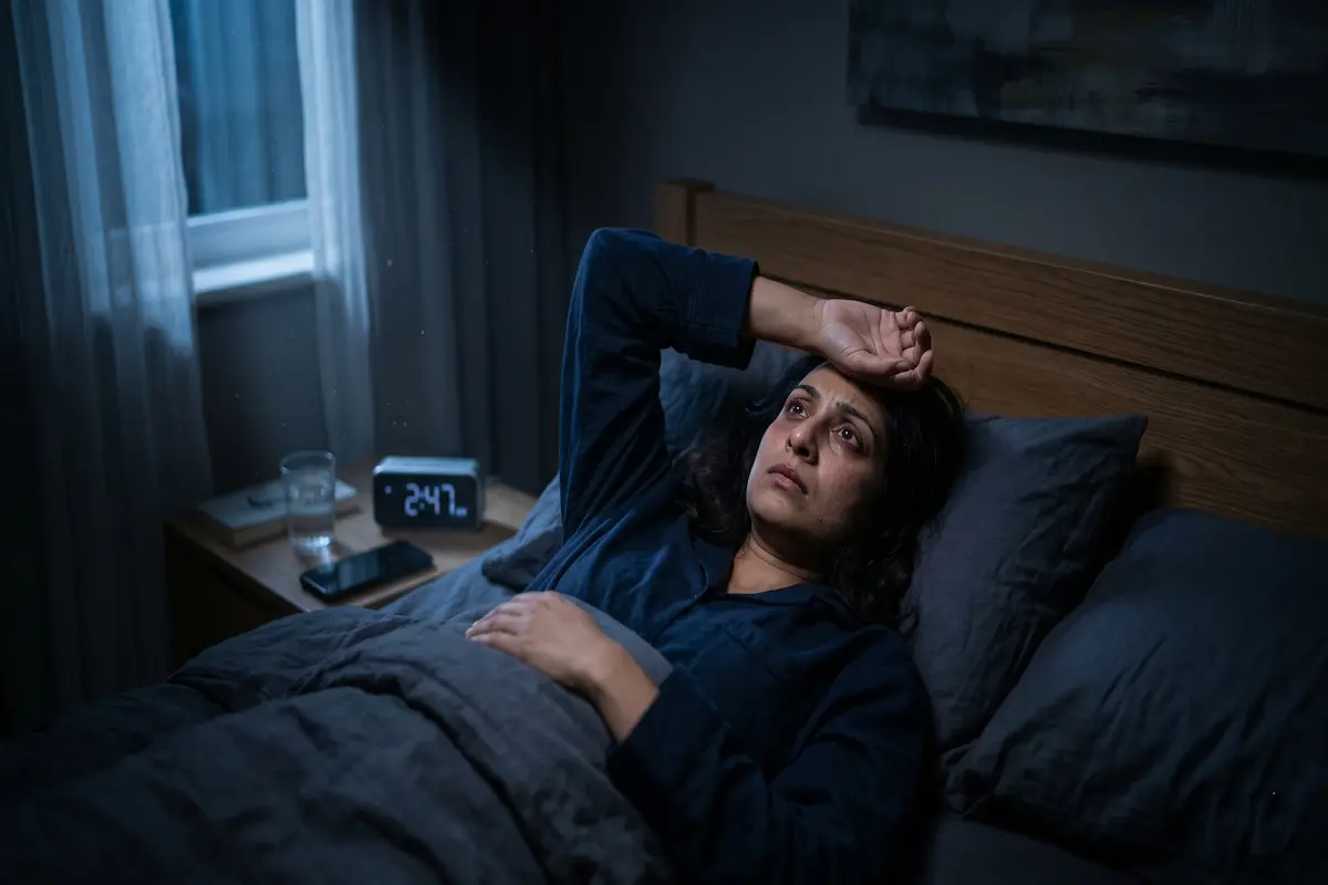 Exhausted South Asian woman lying awake in a dark bedroom at night, a digital clock in the background reading 2:47.