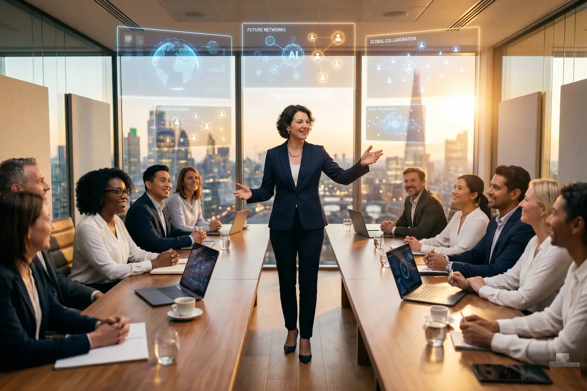 A leader shares a vision with a diverse team in a modern boardroom with AI holographic icons, representing transformational leadership theory.