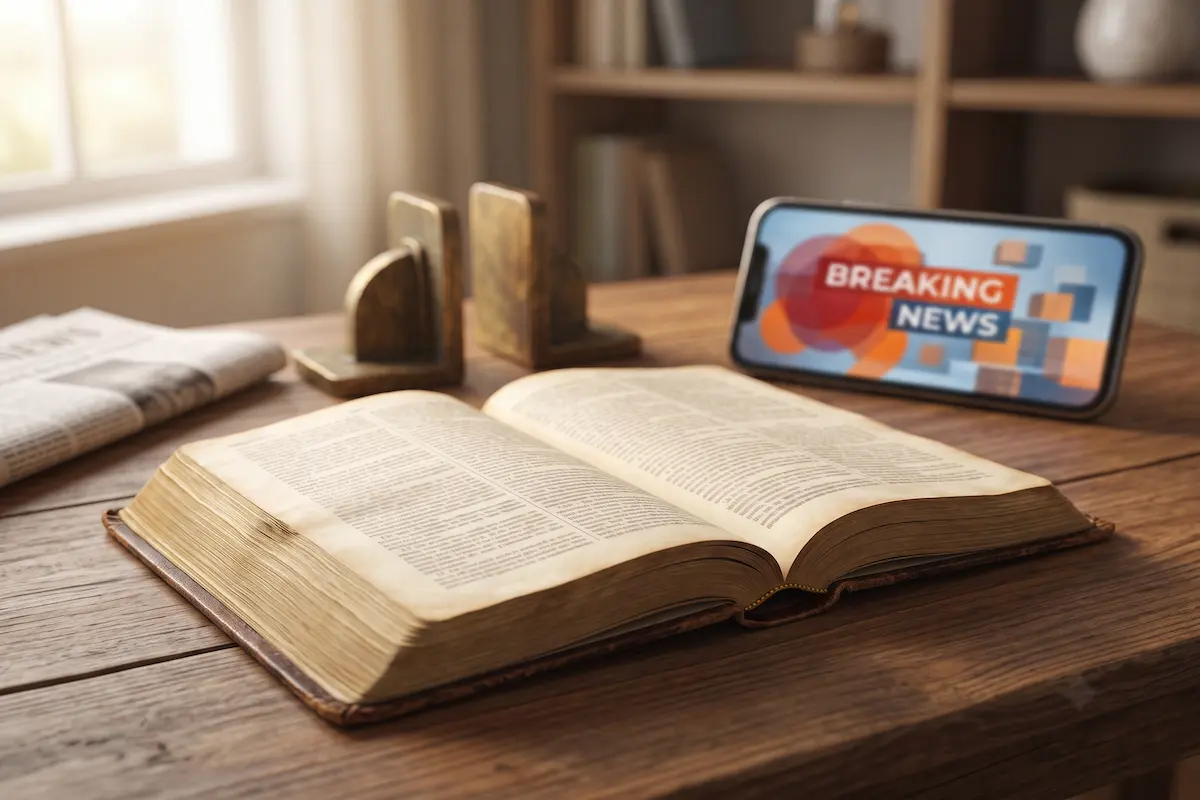 Open Bible on a wooden desk beside a smartphone showing a breaking news alert, representing the modern Israel vs Bible Israel debate