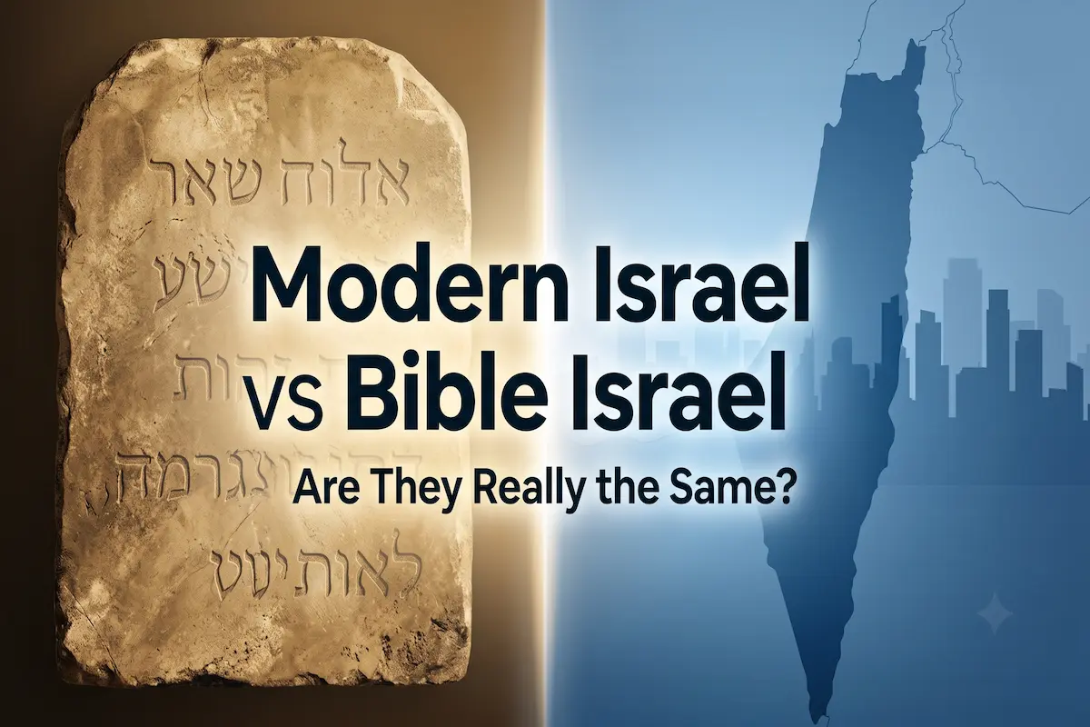 Split image of an ancient inscribed stone tablet beside a modern city skyline map, illustrating Modern Israel vs Bible Israel: Are They Really the Same?