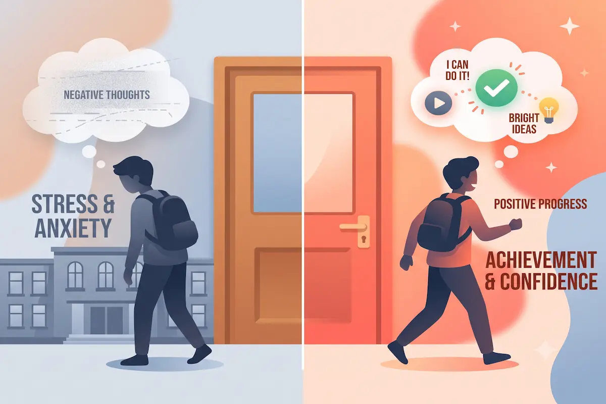 Two Gen Z students leaving the same lecture with opposite learning outcomes, one disengaged and one energized.