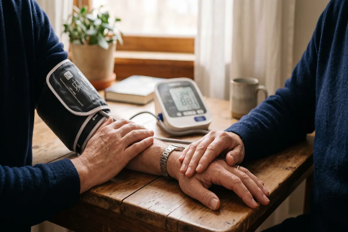 Close-up of a blood pressure cuff on a person's arm resting calmly on a table