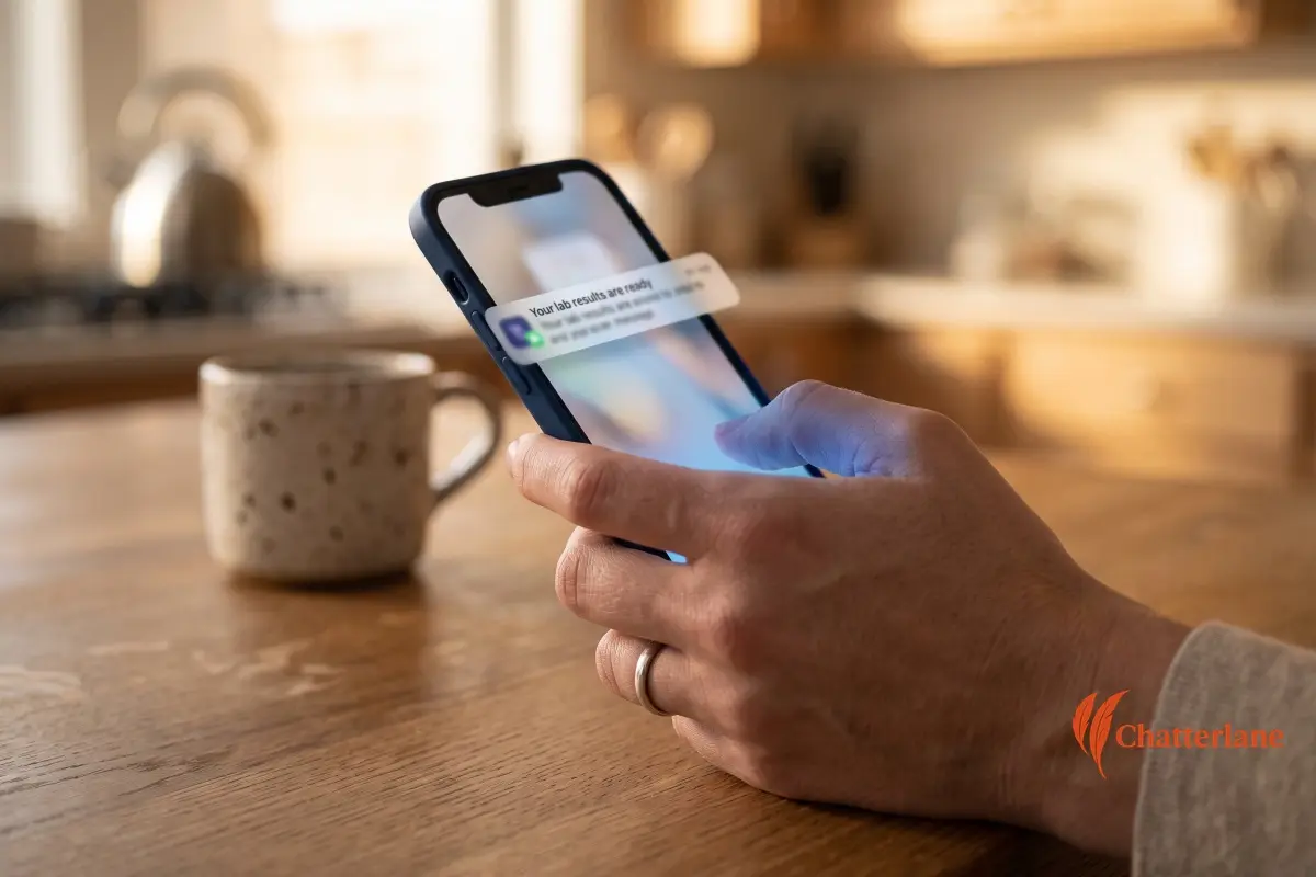 Close-up of a hand holding a phone showing a high cholesterol lab results notification, coffee mug on a wooden kitchen table