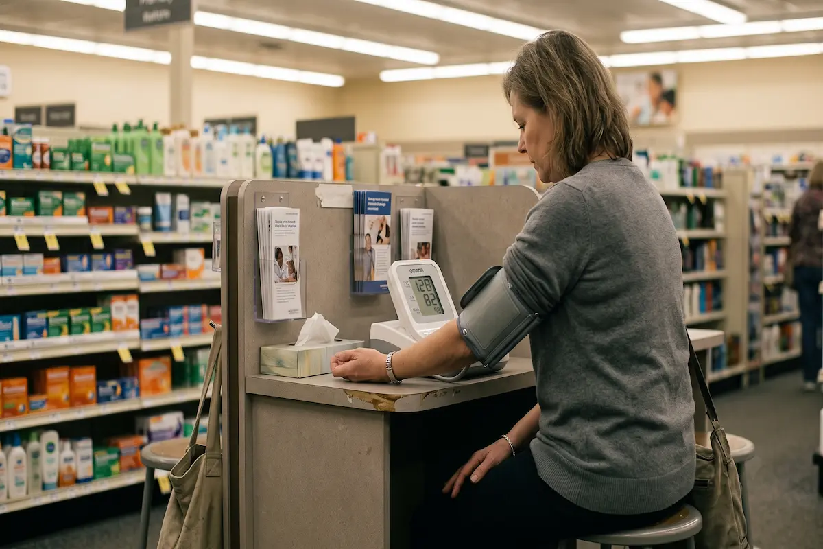 Person checking their high blood pressure at a pharmacy kiosk while feeling completely fine