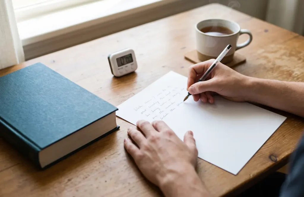 Student writing notes from memory on a blank page with the textbook closed