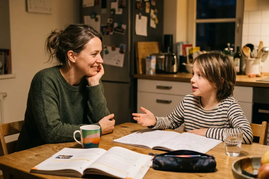 Parent listening as a child explains a lesson at the kitchen table