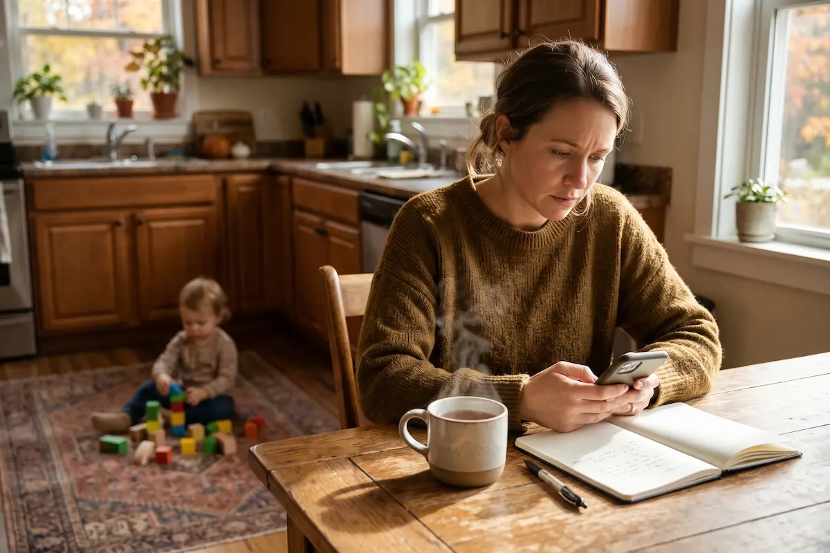 Parent at a kitchen table reading about fall vaccines while a toddler plays nearby