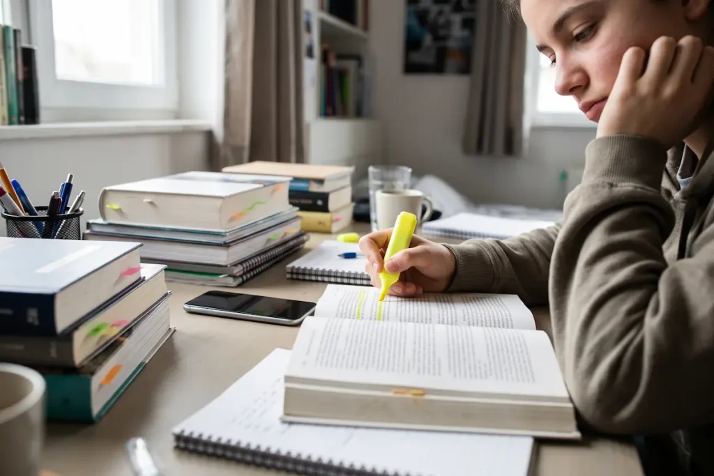 Student highlighting a textbook, a study habit that often feels productive but builds weak memory