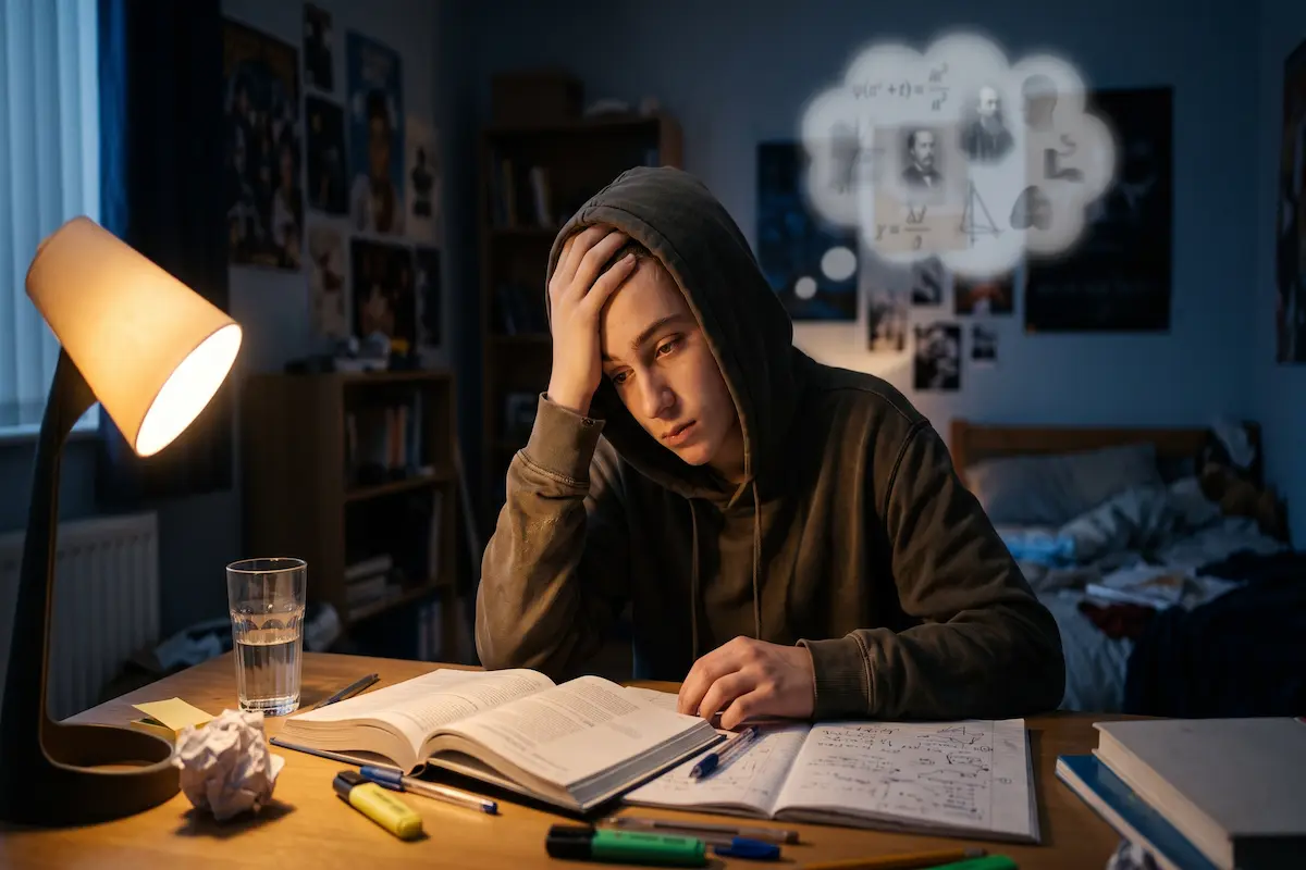 Student at a desk at night looking at a textbook, trying to remember what they studied